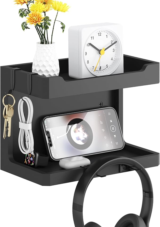 NiHome Bedside Wall Shelf Organizer, Wood 2-Tier Floating Nightstand, Black by NiHome