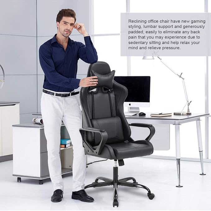 BestOffice Gaming Chair | Black | Desk Chair with Adjustable Lumbar Support | Headrest Pillow | Ergonomic Racing Style Seat with Recline, Swivel Base & Rolling Wheels | For Gamers, Home, Office - Image 7