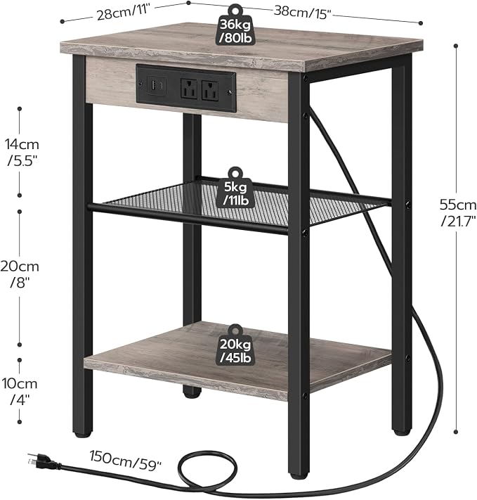 HOOBRO Side Tables Set of 2 with Charging Station and USB Port, Small End Tables for Small Space, 3-Tier Nightstands with Adjustable Shelf, for Living Room, Bedroom, Greige and Black BG112BZP201 - Image 3