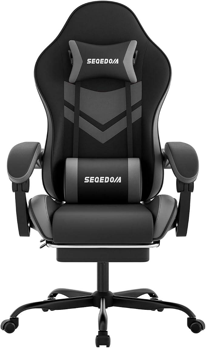 Gaming Chair with Footrest & Massage Lumbar Support, PU Leather Ergonomic High Back Swivel Height Adjustable Chair for Adults, Office Gaming, 300 lbs (Black Grey) by SEGEDOM