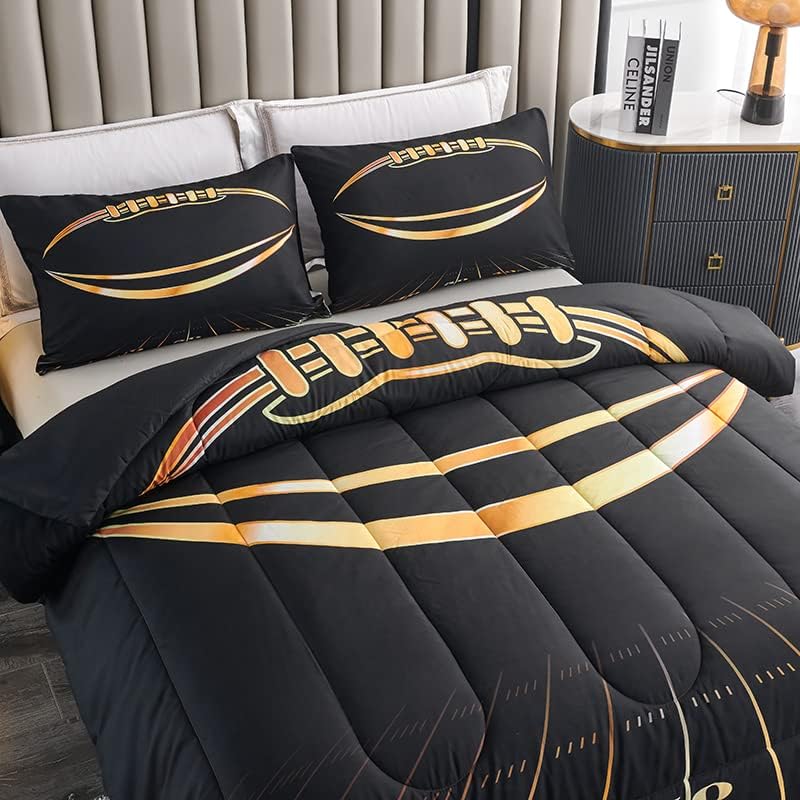 Boys Comforter Set, Twin Size, Football Themed, 3 PCS Including 1 Comforter & 2 Pillowcases, All Season Use, Black and Gold - Image 2