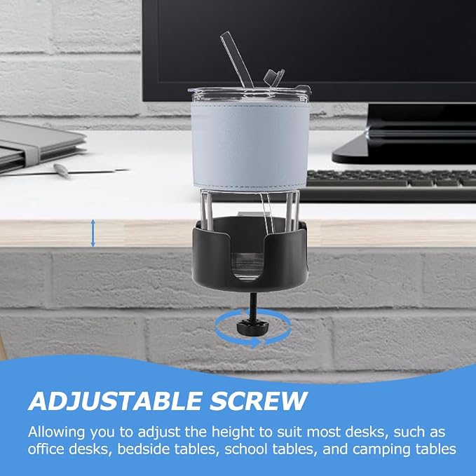 Desk Cup Holder Clamp & Hook, Anti-Spill Cup Holder, Headphone Hook, Adjustable Height, Black Aluminum - Image 7