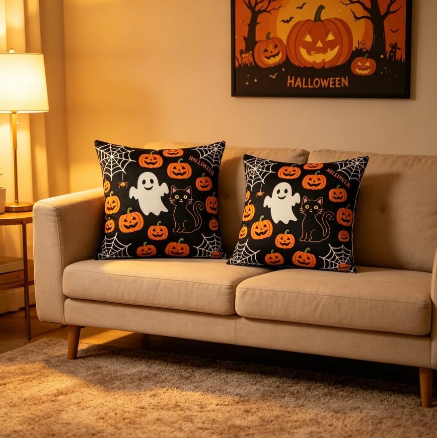 Halloween Throw Pillow Covers, Ghost Pumpkin Spider Web Black Cat Design, Linen, 18x18 Inch, Set of 2 - Image 4