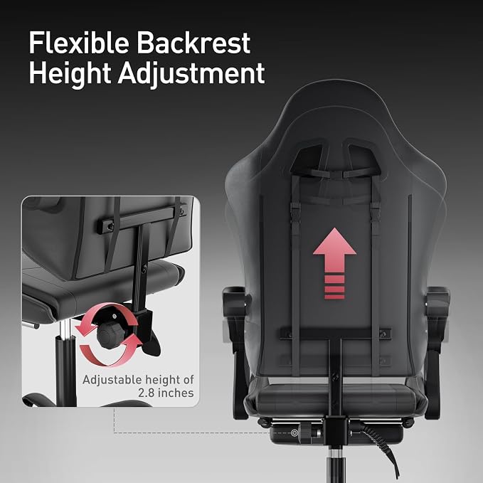 MoNiBloom Gaming Chair, Footrest & Lumbar Support, Height Adjust, Black | Headrest & Lumbar Support, Ergonomic Computer chair, for Adult Teen Office or Gaming,Swivel game chair, leather gaming chair - Image 7
