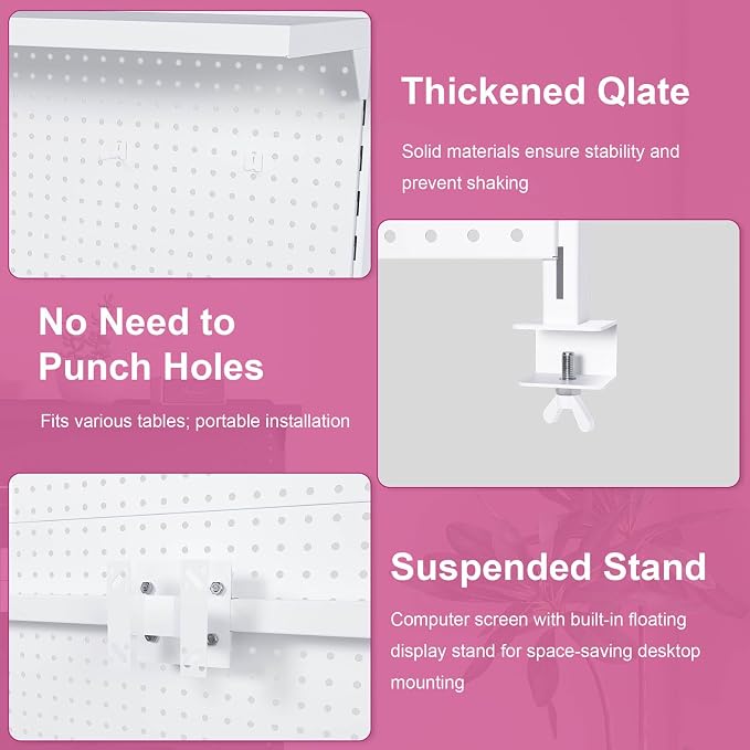 Majnesvon Clamp On Pegboard-Metal Office Pegboard Organizer with Monitor Stand, Peg Board Gaming for Desk with Hooks & Movable Partition, Office Storage Shelf for Workstation Setup (White 59x35 Inch) - Image 3
