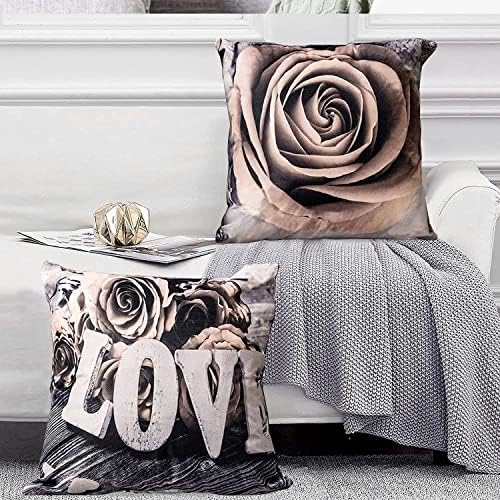 Beige Flower Throw Pillow Covers Grey Rose Pattern Pillow Case Decorative 18x18” Set of 4, Square Cushion Cases Cotton Linen for Bedroom Living Room Sofa Couch Outdoor Patio Pillowcase Home Decor - Image 4