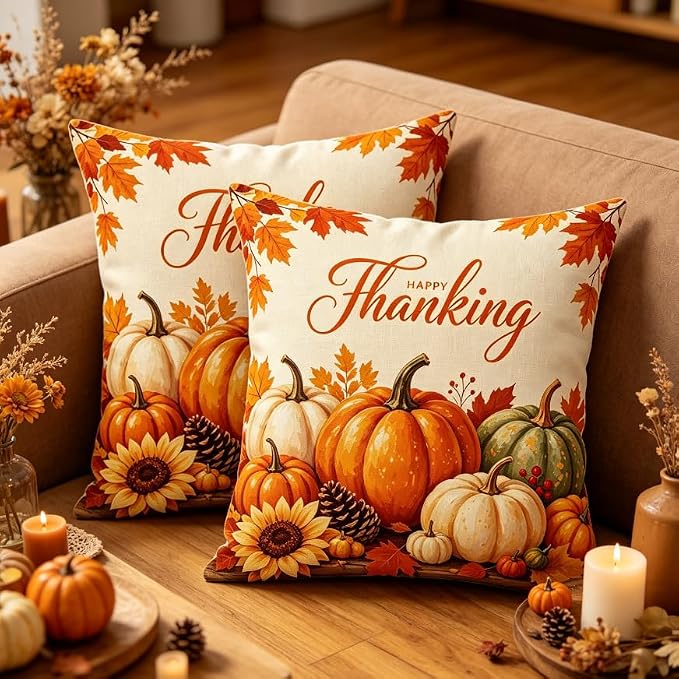 Thanksgiving Throw Pillow Covers, Linen, 18x18 Inch, Set of 2, Happy Thanksgiving Pumpkin Fall Design, Farmhouse Style, Machine Washable - Image 2