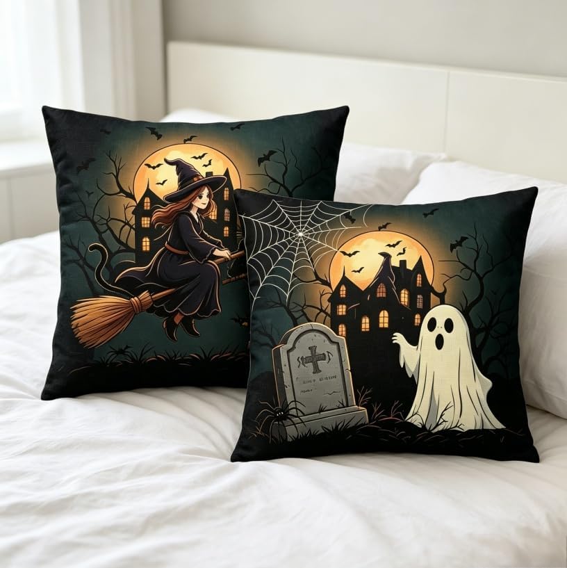 Halloween Throw Pillow Covers, Linen, 18x18 Inch, Set of 2, Ghost Pumpkin Haunted House Design, Machine Washable - Image 5
