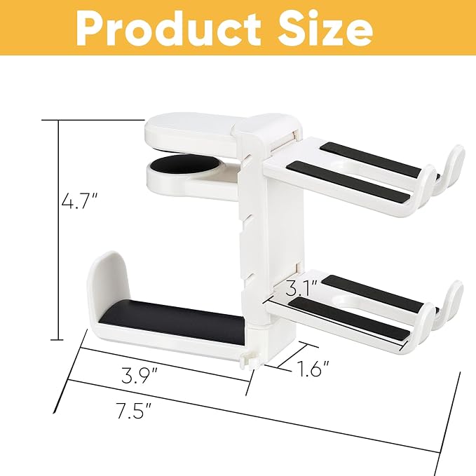 3-in-1 Under Desk Headphone Hanger with Adjustable Clamp Mount, 2 Controller Slots & 1 Headset Universal Holder Stand, Rotatable Hook Rack & Cable Organizer, for Home Gaming Xbox ps5 - White - Image 7