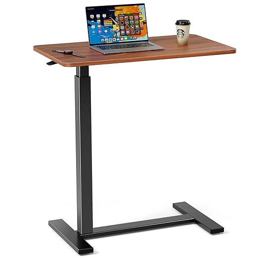 Adjustable Overbed Bedside Table with Wheels, Rolling Laptop Table, Pneumatic Adjustable Hospital & Home Use Bed Table, Mobile Standing Desk, Brown by SimpleDeluxe