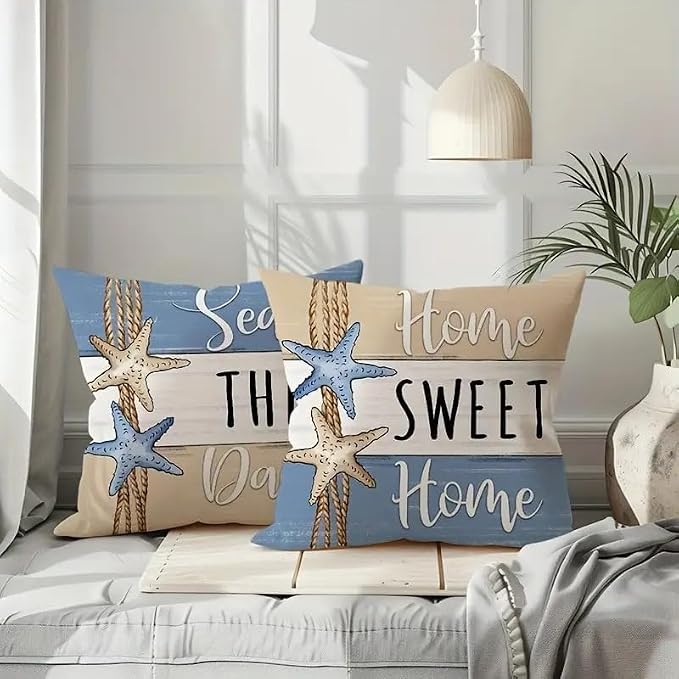 Beach Theme Throw Pillow Covers, 18x18 inches, Set of 4, Coastal Seashell and Starfish Design, Decorative Linen Cases for Living Room - Image 4