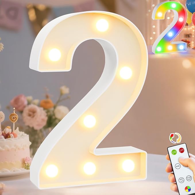 Pooqla LED Light Up Numbers 2, Warm White and Colorful Lighted Marquee Numbers with Remote, Lighted Numbers for 2nd 21st Birthday Decorations, Gift for Girls Boys Her Him Anniversary Home Party Decor by Pooqla
