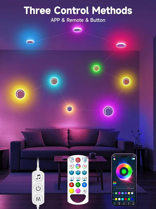 GIPOYENT Smart Wall Light, 9-Piece LED DIY Constellation Light, RGB Color Changing, Music Sync, App & Remote Control, Ambient Lighting for Bedroom, Living Room, Gaming, and Home Decor - Image 2