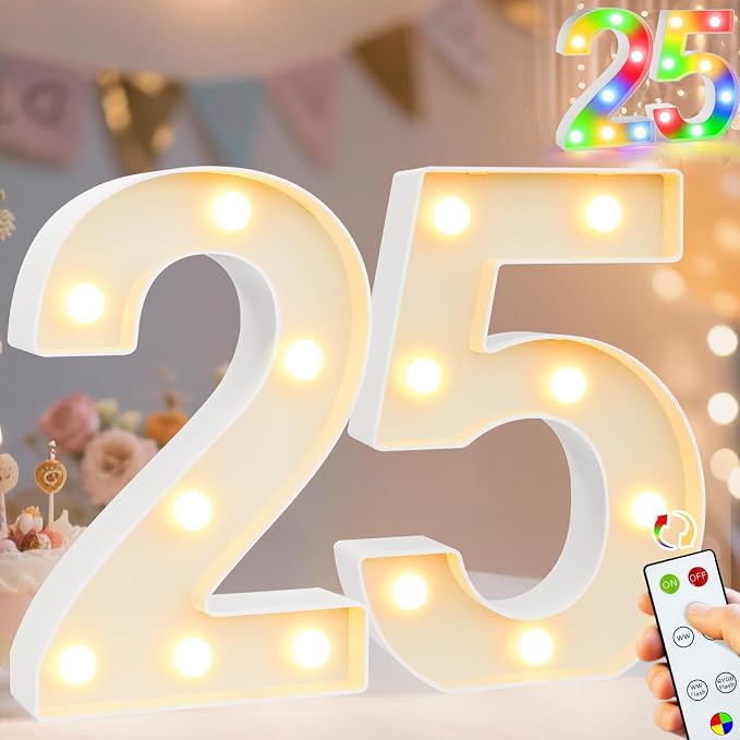Pooqla 25th Birthday Decoration for Her Him, Decorative LED Light Up Numbers, Marquee Numbers 25 Sign for Party Backdrop 25th Wedding Anniversary Decor Gift, Warm White and Colorful Number 25 by Pooqla