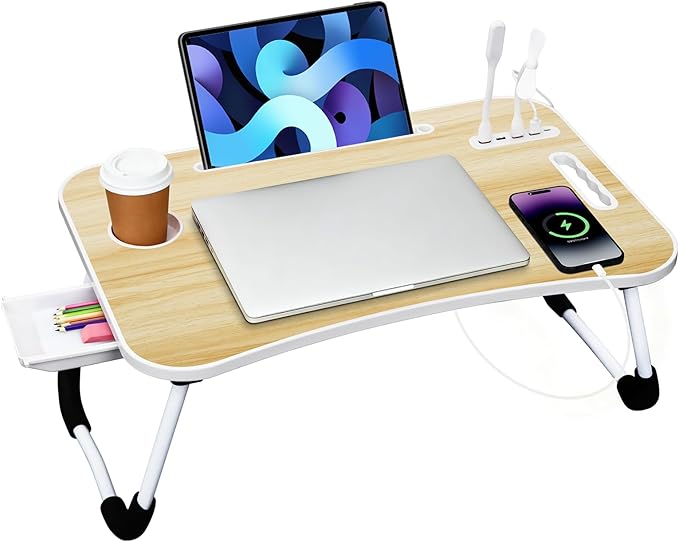 Portable Bed Desk, Foldable Laptop Desk with 4 USB Charge Port/Cup Holder/Tablet Slot/Storage Drawer, Folding Lap Table for Working, Writing, Drawing and Eating (Log Color) by WGCTEK