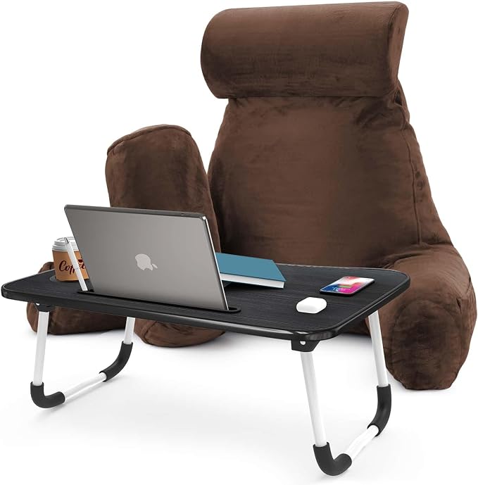 Nestl Reading Pillow with Portable Laptop Lap Desk - Shredded Memory Foam Back Support Pillow for Sitting Up in Bed and Couch Rest Pillows with Arms, Bed Tray Table with Foldable Legs, Brown by Nestl