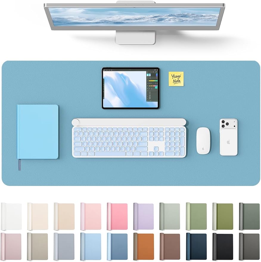YSAGi Leather Desk Protector, Office Mat, Large Mouse Pad, Non-Slip PU Leather Blotter, Laptop Desk, Waterproof Writing Pad for Office and Home (Sea Blue, 35.4" x 17") by YSAGi