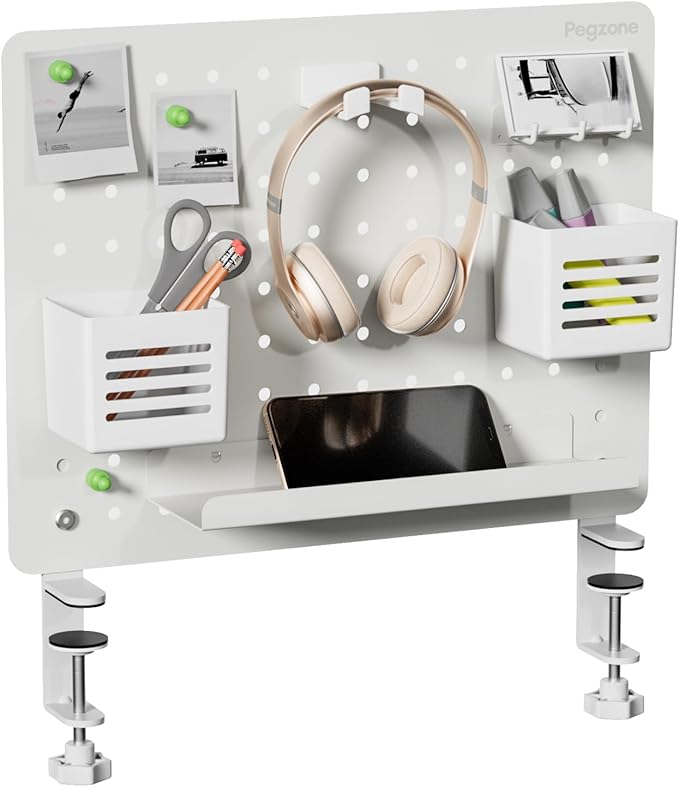 PEGZONE Clamp on Desk Pegboard, 16.5" x 12.6", with 10 Accessories, White | Magnetic Metal Peg Board, Desk Organizer for Office Gaming Home, Privacy Panel, Medium by Pegzone