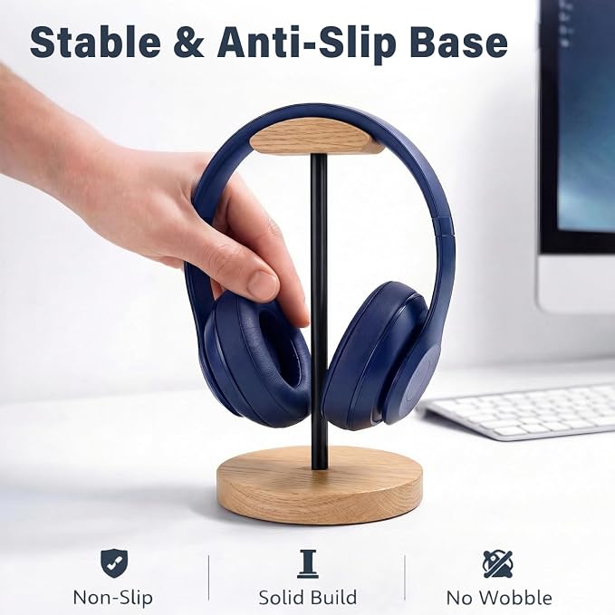 Wood & Metal Headphone Stand, Desktop Headset Holder with Stable Non-Slip Bamboo Base, Universal Headphone Hanger for Gaming Headsets, Office Desk, Home, Gift - Image 3