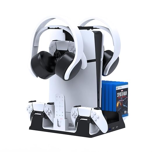 JOYTORN PS5 Vertical Stand with Cooling Fan and Dual Controller Charger Station for PlayStation 5/Slim Console, PS-5 Accessories with Headset Hooker,14 Game Rack Storage, Media Remote Organizer by JOYTORN