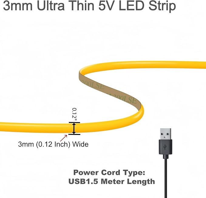 Ultra-Narrow 3mm USB COB LED Strip Lights Self-Adhesive, for Kitchen Cabinets, Bedroom (4000k Natural White, 4ft) - Image 2