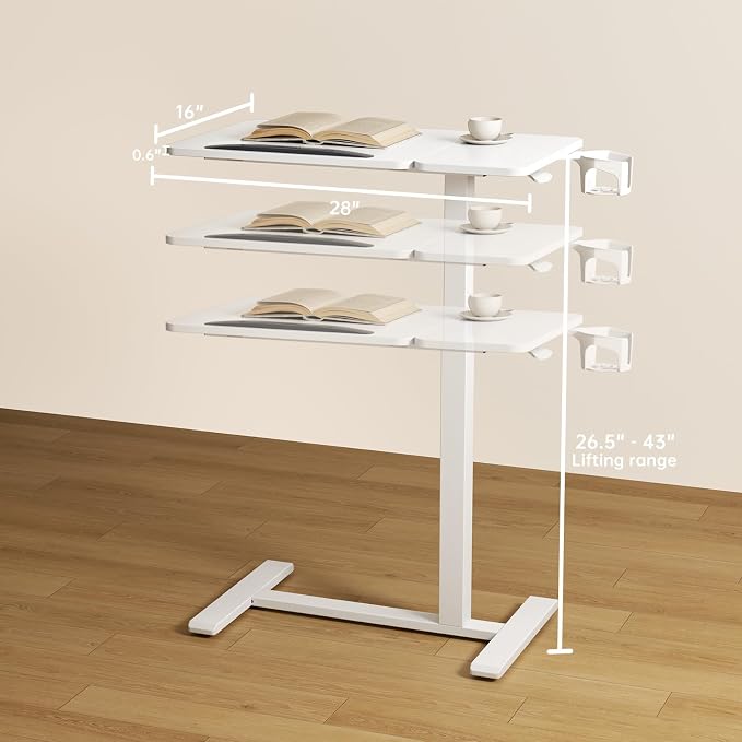 Overbed Bedside Table with Wheels, Pneumatic Adjustable Medical Tilt Top Hospital Bed Table Over The Bed, Rolling Laptop Desk, Mobile Standing Desk for Hospital and Home Use, White - Image 2