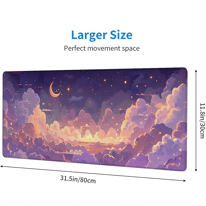 Cute Gaming Mouse Pad Desk Pad Kawaii Pink Purple Gold Clouds Mousepad XL Large Gaming Mouse Pad Laptop Keyboard Mat Desk Pad Office Home Decor for Women Girl 31.5"x11.8" - Image 2