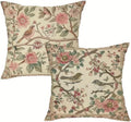 Vintage Floral Bird Print Decorative Throw Pillow Covers, Beige with Pink Flowers and Green Leaves, Traditional Garden Design, 2-Pack， 18x18 Pillows Linen Pillowcase by Unknown