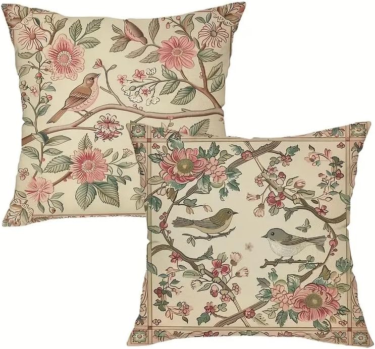 Vintage Floral Bird Print Decorative Throw Pillow Covers, Beige with Pink Flowers and Green Leaves, Traditional Garden Design, 2-Pack， 18x18 Pillows Linen Pillowcase by Unknown