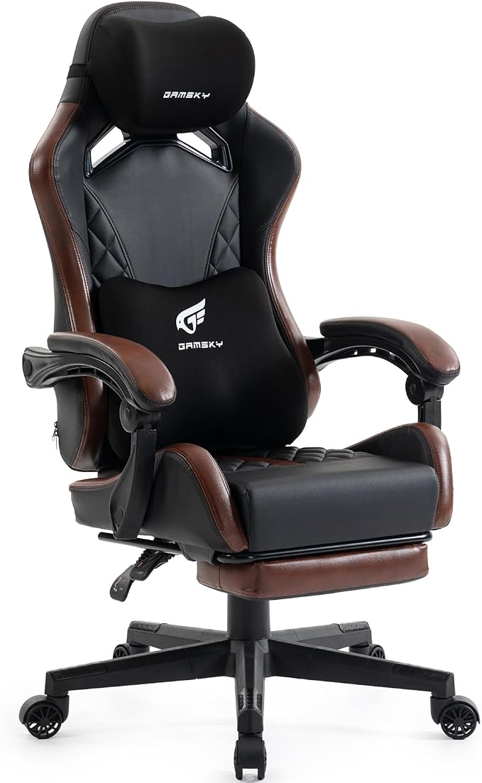 Ergonomic Gaming Chair for Adults with Footrest - PU Leather Computer Gamer Chair with Memory Foam Headrest & Lumbar Pillow, Reclining Silla Gamer Video Game Chair for Home Office, Black & Brown by Gamsky