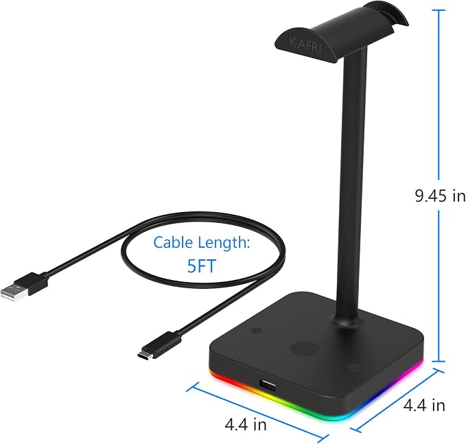 KAFRI RGB Headphone Stand with USB Hub Desk Gaming Headset Holder Hanger Rack with 1 USB2.0 Extension Charging Port Extender Cord - Suitable for Gamer Desktop Table Game Earphone Accessories, Black - Image 7