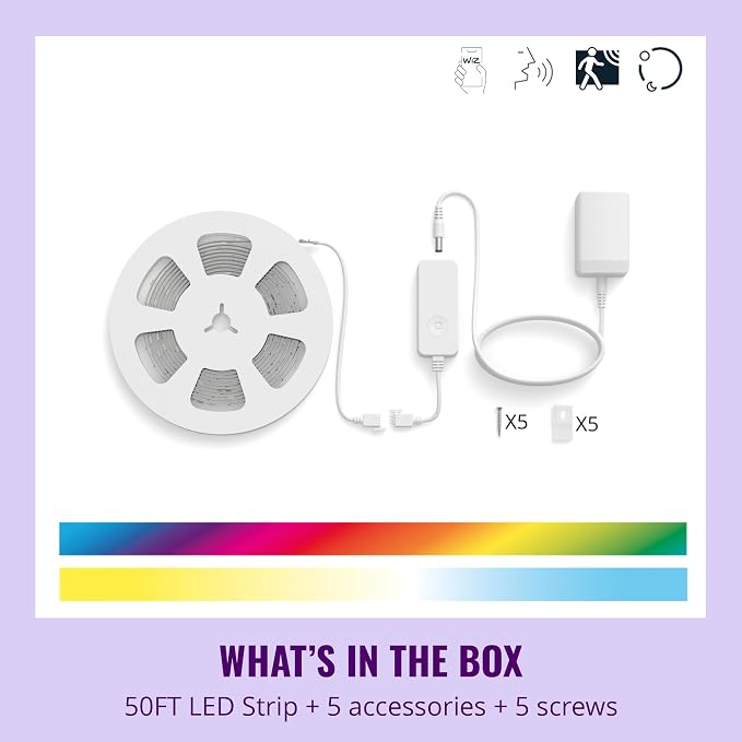 WiZ Connected Smart Light Strip, Sunset/Sunrise Automation, Preset Modes, Control with Voice or App, Full Color RGB Lighting, Voice Control, 50ft Cut to Fit - Image 2