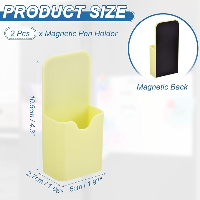 PATIKIL 2pcs Magnetic Pen Marker Holders, 50x27mm Dry Erase Marker Pencil Holder Cup Organizer for Classroom Home Office Refrigerator Whiteboard Locker, Yellow, 4x2x1 - Image 2