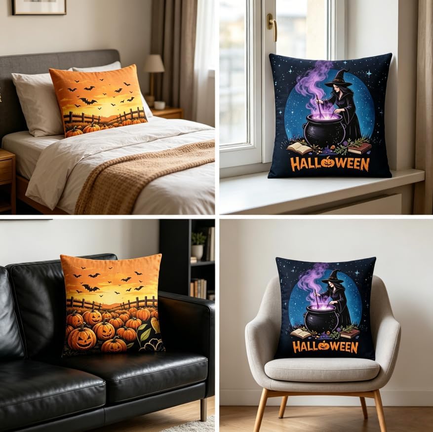 Halloween Throw Pillow Covers, Pumpkin and Witch Design, Linen, 18x18 Inch, Set of 2, Multicolor - Image 6