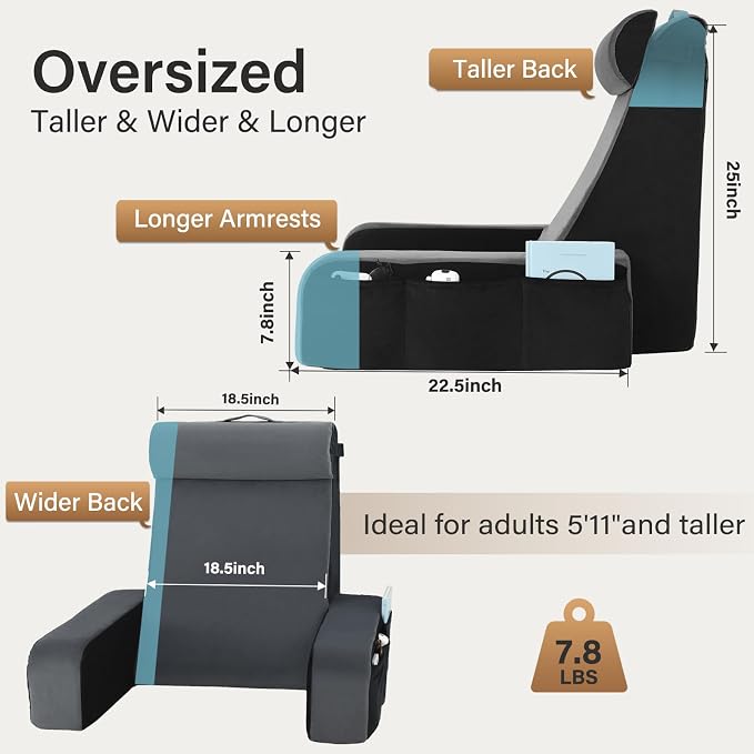 Vekkia 25" Reading Pillow for Bed with XL Side Pockets for Tall Adults | 60° Wedge Back Support, Built-in Armrests, Washable Cover,Idea for TV,Gaming,Working,Nursing,Recovery in Bed&Floor,Black/Gray - Image 6