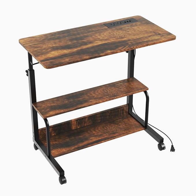 FCH 31.5" Mobile Small Standing Desk, Adjustable Height Mobile Computer Desk, w/2 AC Outlets + 3 USB Ports & Hooks, Storage Shelves, Suitable for Gaming, Studying, Home Office, Vintage Brown - Image 8