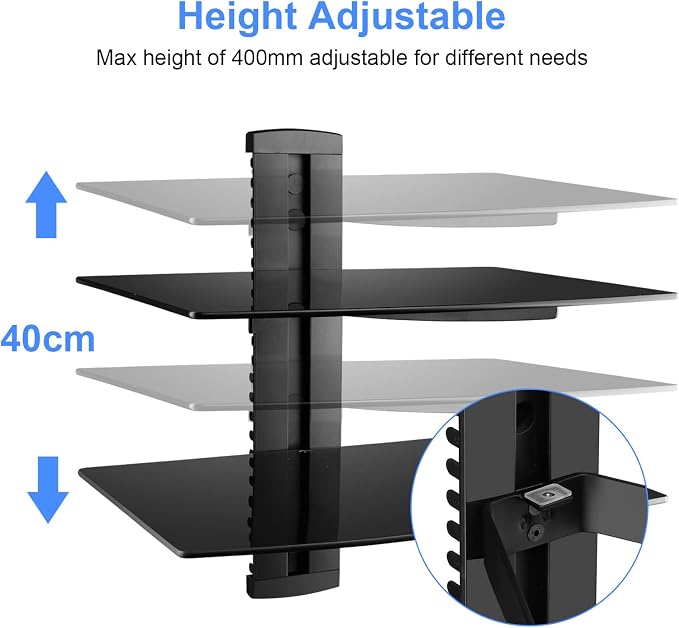 suptek Speaker Mount, Floating Glass Shelf Wall Mount Bracket for DVD Players/Cable Boxes/Games Consoles/TV Accessories, 2 Shelves, Black CS202 - Image 5