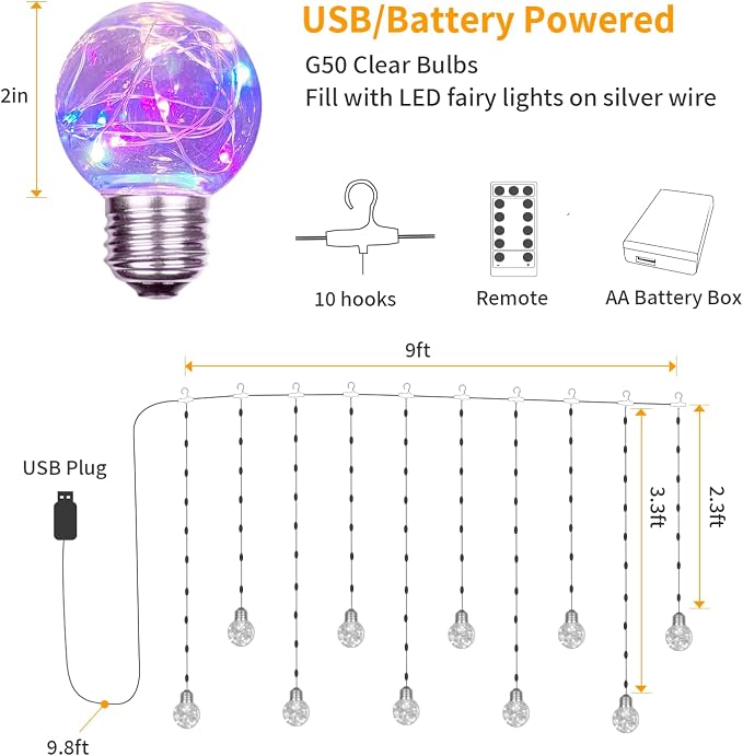 YOLIGHT Wishing Ball Curtain Lights 200 LED Window Curtain String Light with Remote, USB Battery Powered Twinkle Globe Fairy Lights for Wedding Party Bedroom Christmas Decoration (Multi-Colored) - Image 6