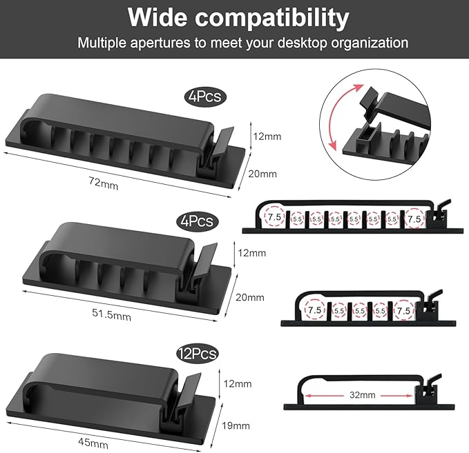 Cable Management Clips, 20Pcs Cord Organizers Wire Clips Cord Holder for TV PC Ethernet Cable Desk Home Office (Black) - Image 2