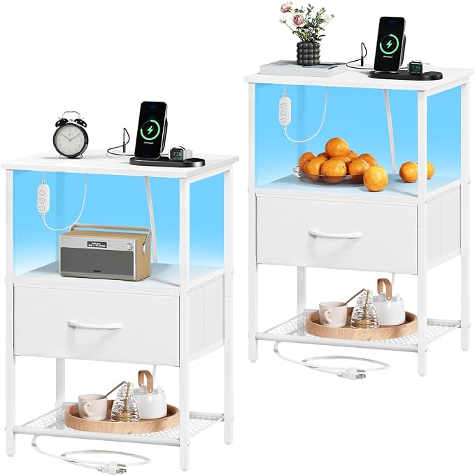 Somdot Nightstand Set of 2 with Charging Station & LED Light, Bedside Table by Somdot