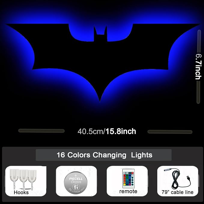 Bat Lamp Neon Sign LED Bat Signal Night Light 16 Colors Adjustable Man Cave Party Home Bedroom Christmas Halloween Decoration Lights Birthday Gifts - Image 2