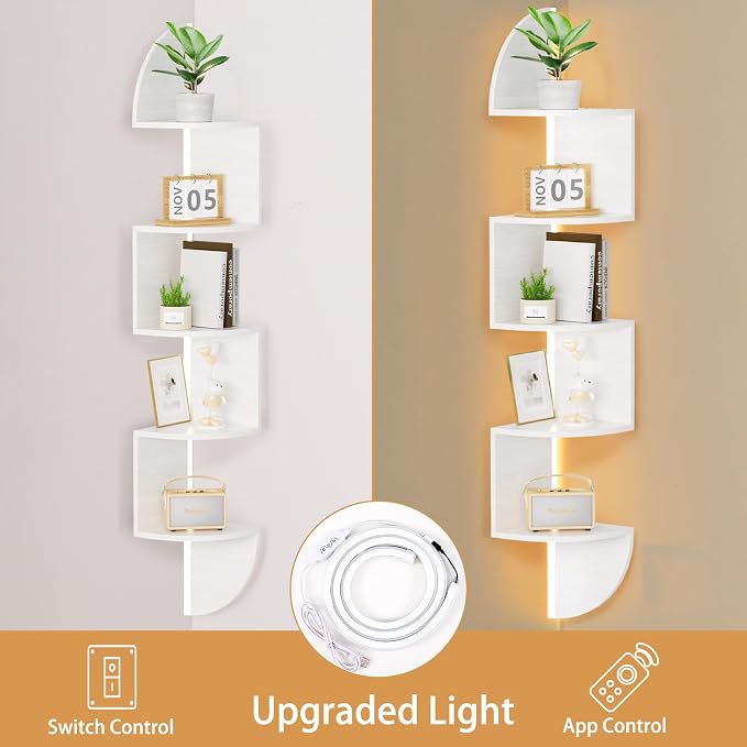 Waipfaru Corner Shelf, 5 Tier Bookshelf with LED Light, Corner Shelf Wall Mounted, Floating Shelves for Wall, Display Stand for Bedroom, Living Room, Bathroom, Home, Office, White - Image 4