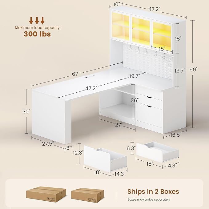 SEDETA L Shaped Corner Gaming Desk with 3 Wood Drawer and Large Bookshelf | L Shaped Computer Desk with LED Light, Display Cabinet and Pegboard for Home Office, 27.5" W Large Desktop Table, White - Image 2