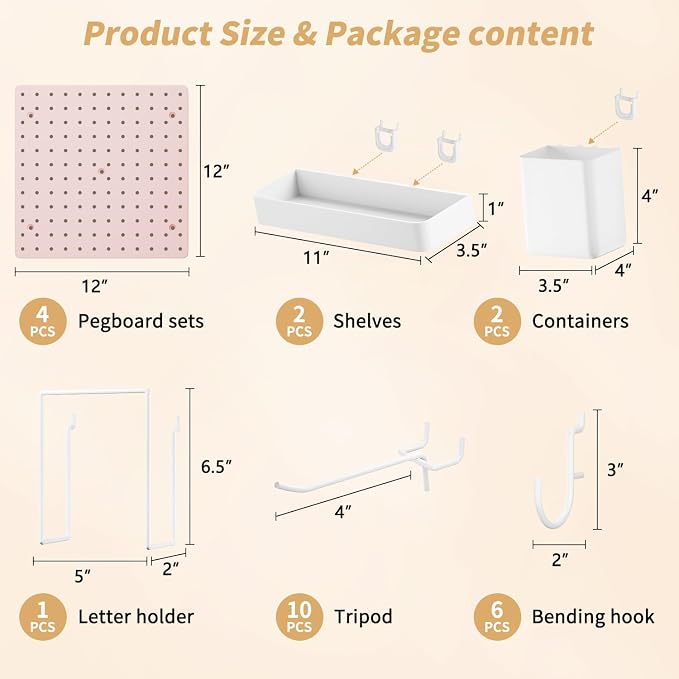 FZK Modular Plastic Pegboard Wall Organizer Kit, Pink, 12x12, 4 Panels | ABS material, wall mount storage kit, includes hooks and shelves, drill free or screw installation, for home decor& bedroom - Image 3
