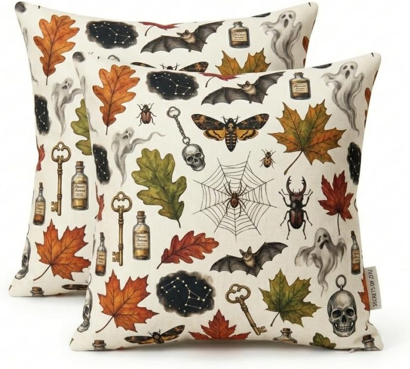 Halloween Throw Pillow Covers, Spooky Vintage Pattern, Linen, 18x18 Inch, Set of 2, Machine Washable, Living Room Decor by Unknown