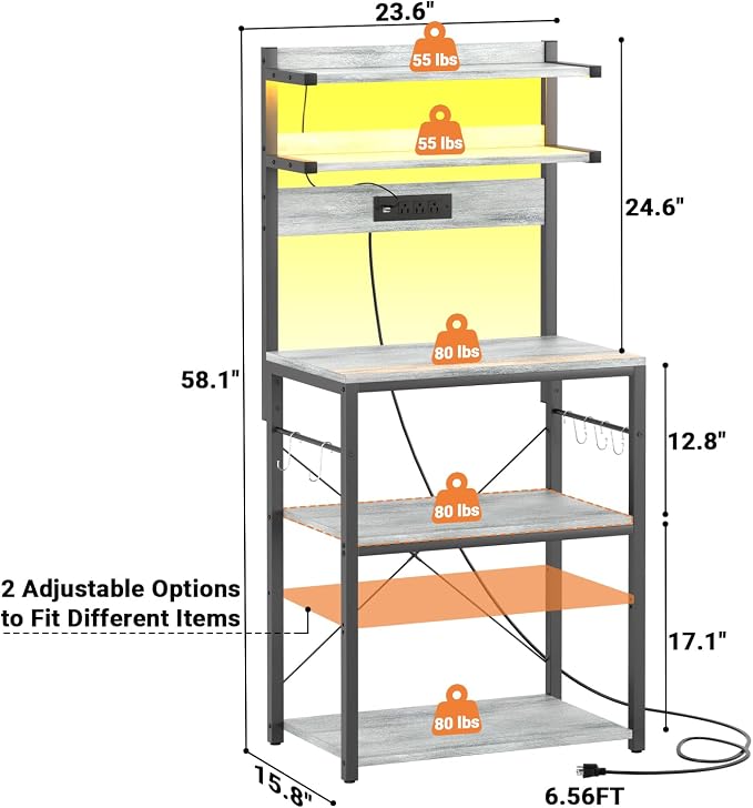 Aheaplus Bakers Rack with Power Outlet & RGB LED, 5-Tiers Coffee Bar Table - Image 7