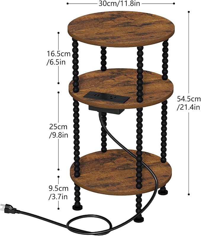 YINMIT 3-Tier Small Bedside Table,Round Side Table with AC Charging Station - Image 3