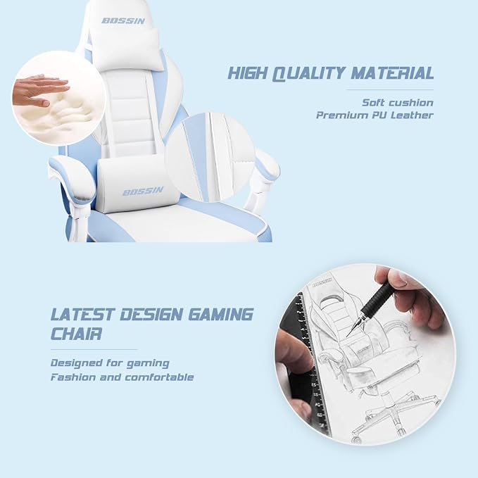 BOSSIN Gaming Chair with Massage, Ergonomic Heavy Duty Design with Footrest and Lumbar Support, Large Size Cushion High Back Office Chair, Big and Tall Gaming Computer Chair for Kids（White and Blue） - Image 6