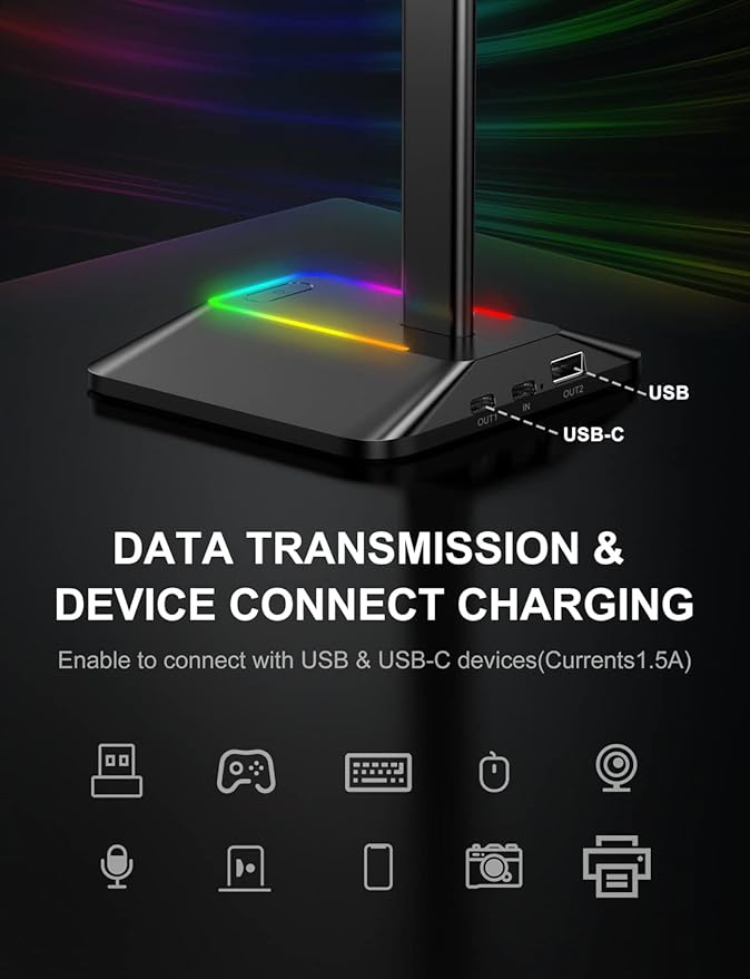 New Bee Headphone Stand with RGB Lighting, Sturdy Aluminum Gaming Headset Holder with USB-C & USB Charging Ports, Stable Desktop Earphone Stand for All Headphones Size, Black | USB-C & USB Charging Ports, Stable Desktop Earphone Stand for All Headphone... - Image 3