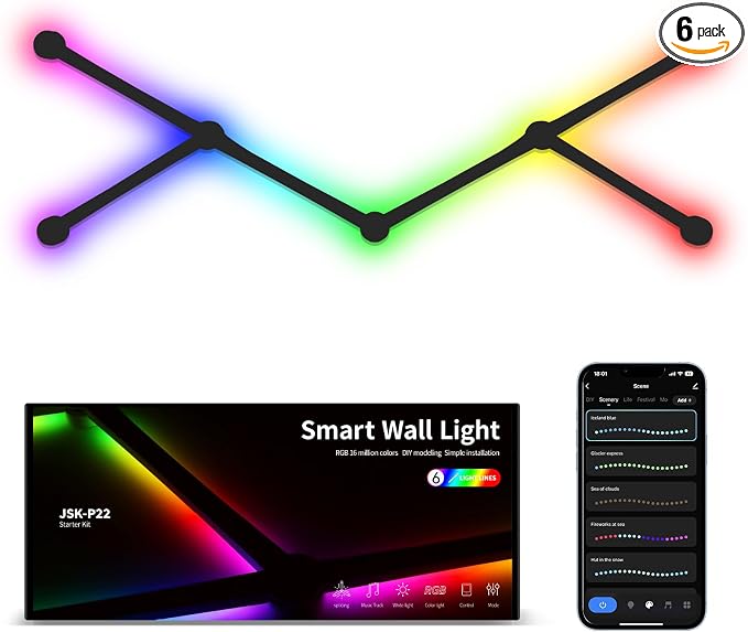 Smart Wall Light Lines, WiFi RGB LED Bars, 16M+ Color Dimmable Music Sync DIY Home Decor for Gaming Party Streaming Lovers, Compatible with Alexa & Google Assistant (6 Lines, Black) by KOBAIBANlightshineyoulife